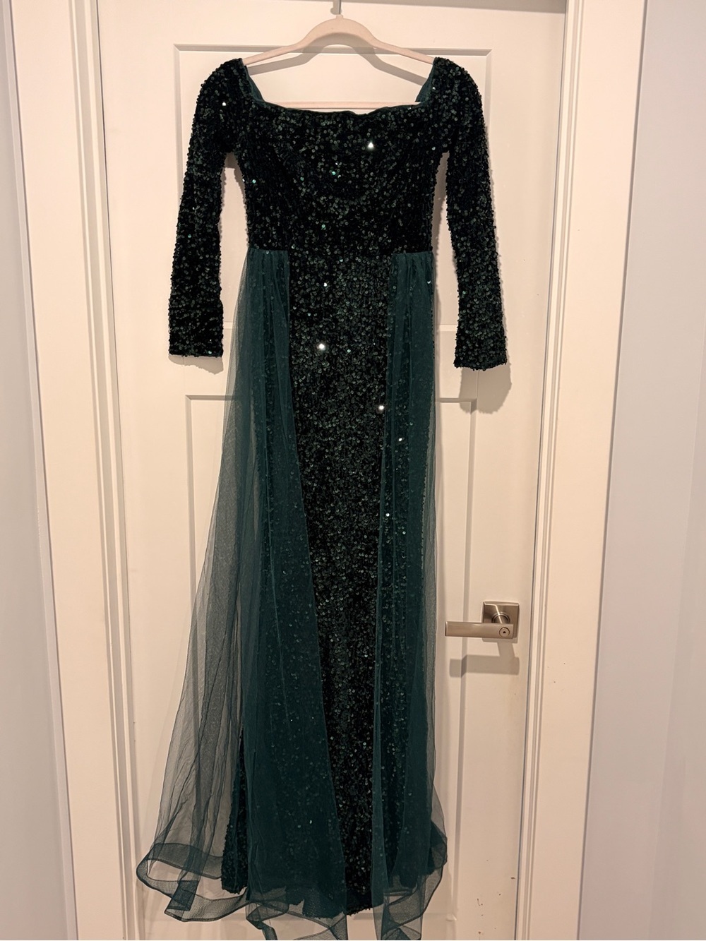 NWOT Women’s XS Dark Green Sequin & Tulle Maxi Dress
